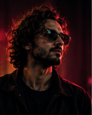 Studio portrait of Hooman with a guitar neck behind his shoulder and teal rim light