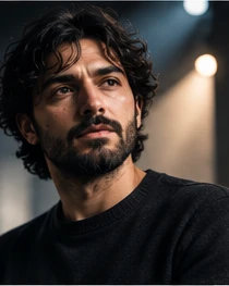 Studio portrait of Kamran with warm rim light against a dark background