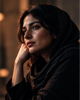 Studio portrait of Sara with headphones around her neck and violet rim light