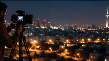 The city at night with lit windows and car light trails on a highway