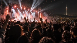 A crowd with raised hands in front of a brightly lit stage