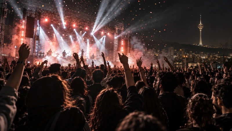 A crowd with raised hands in front of a brightly lit stage