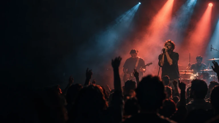 A band on stage under blue and red beams, with the audience in the foreground