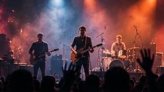 A band playing live under purple and amber light