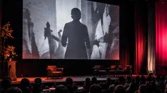 A cinema hall with a bright screen and the audience lit by its glow