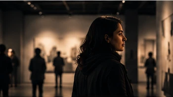 Visitors in a contemporary gallery in front of framed works under track lights