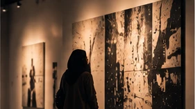 A photo exhibition with framed prints on the walls and a bench in the middle of the room