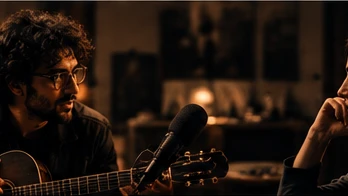 A two-person conversation in a studio lit with warm and cool light
