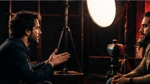 Two people facing each other in an interview studio, a camera in the foreground