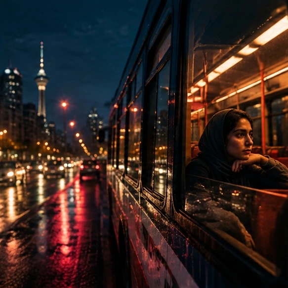 A lone figure under a street lamp on a foggy night street