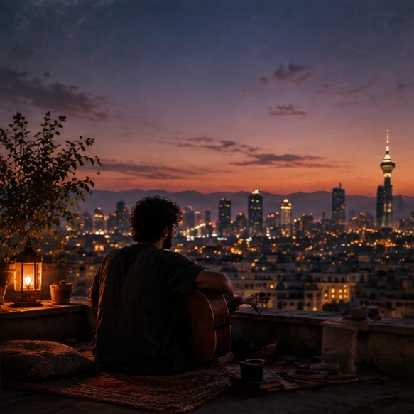 A skyline at night with lit windows, a full moon in a violet sky and red light trails below