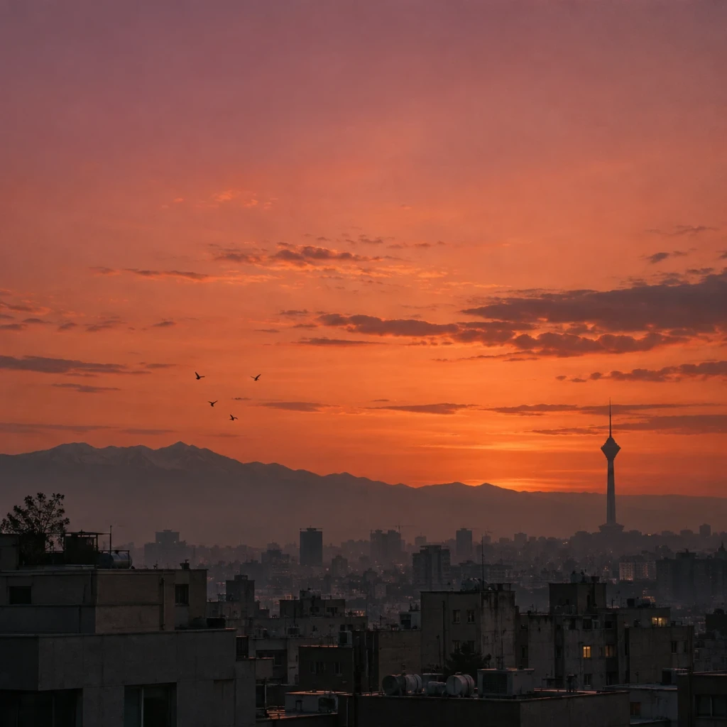 City rooftops and a tall tower against a rose and amber sky just before sunrise