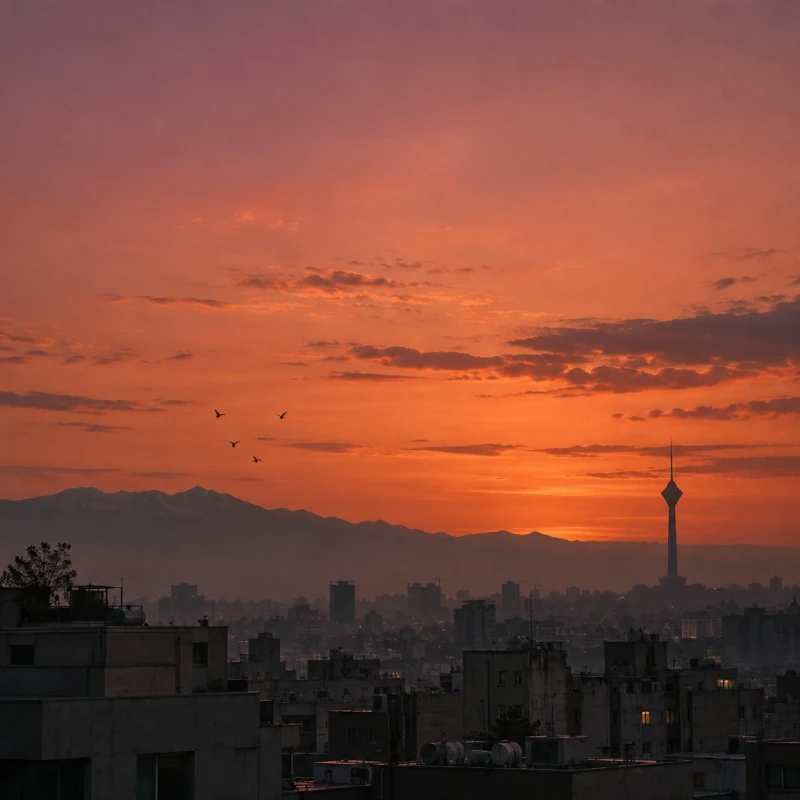 City rooftops and a tall tower against a rose and amber sky just before sunrise