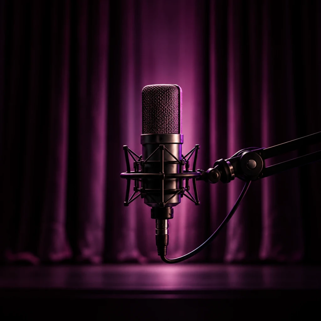 A studio microphone in violet light