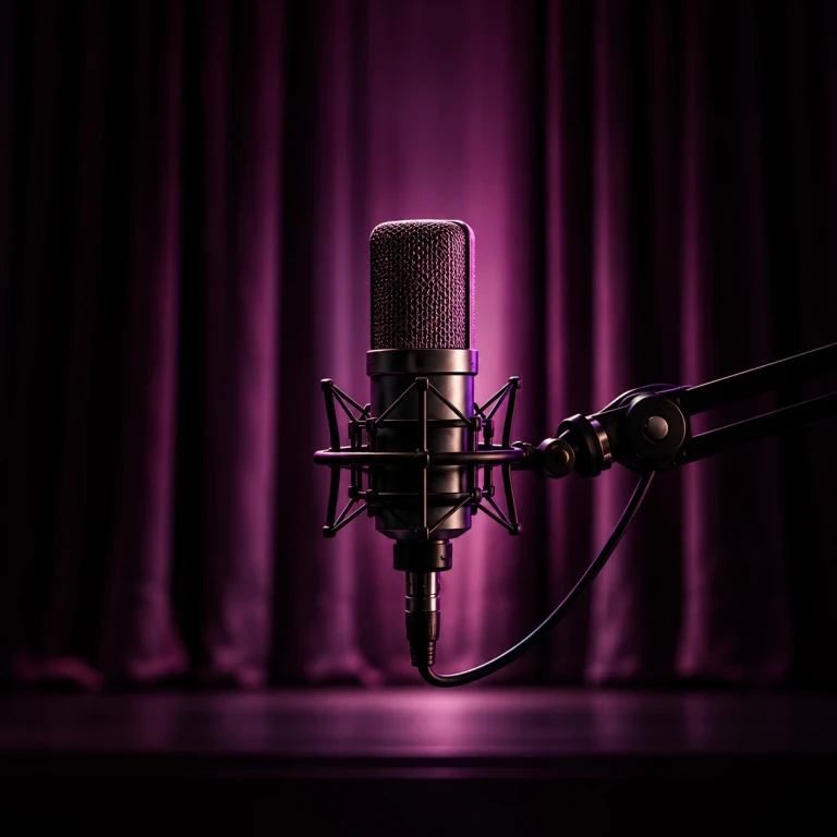 A studio microphone in violet light