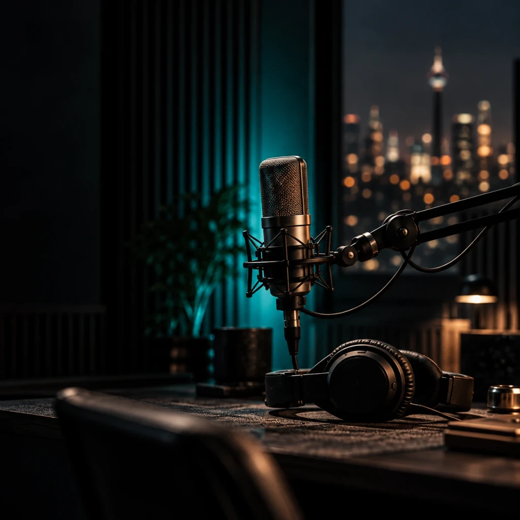 A microphone and headphones in teal studio light