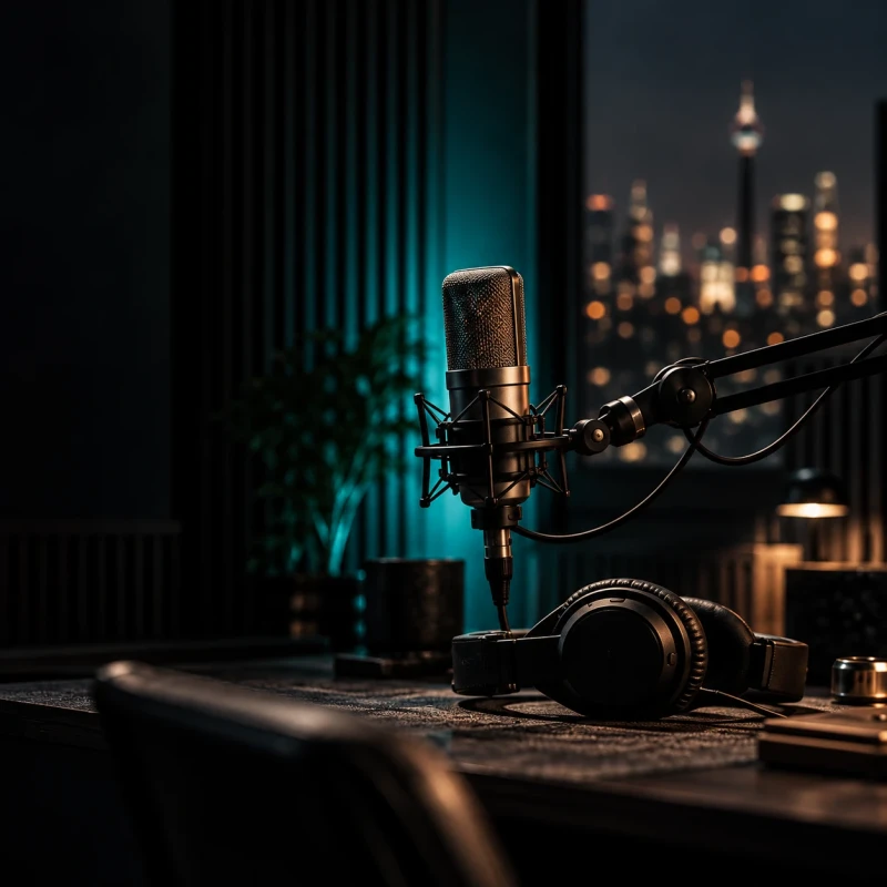 A microphone and headphones in teal studio light