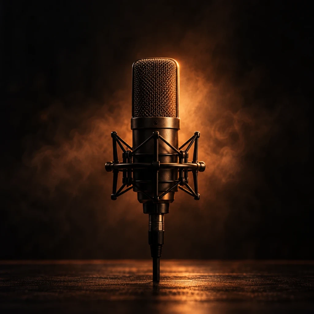 A studio microphone with amber backlight