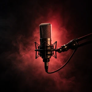 A studio microphone with coral backlight