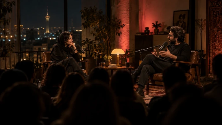Two people in armchairs talking on stage in front of an audience