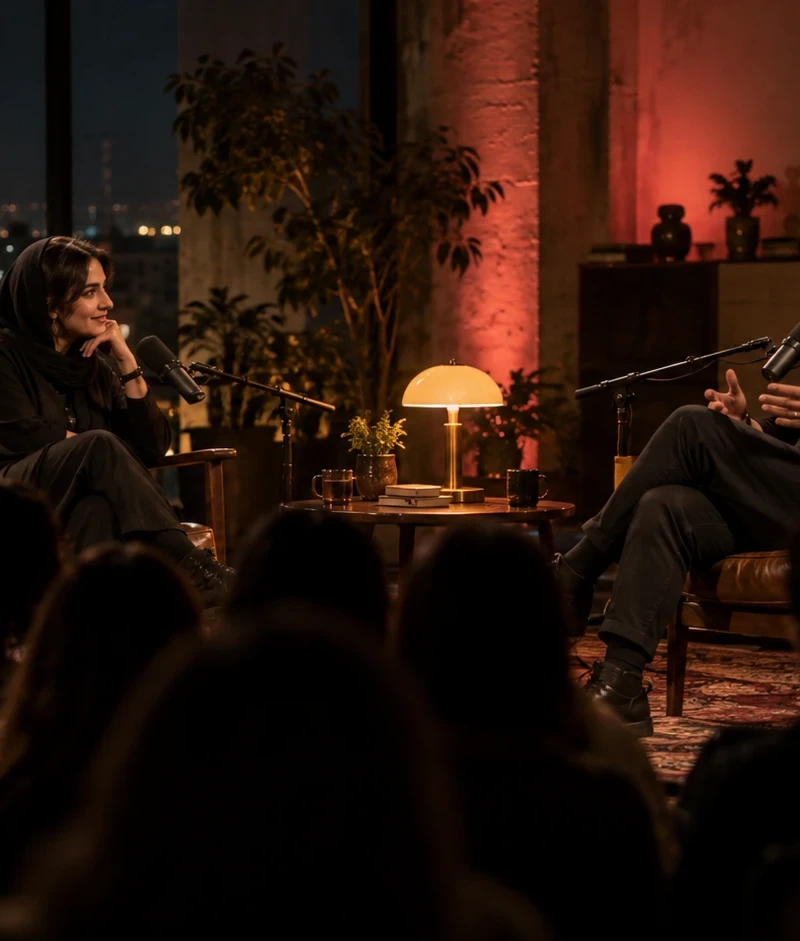 Two people in armchairs talking on stage in front of an audience