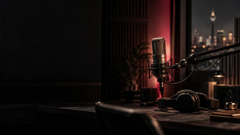 A studio microphone and headphones on a desk in a dark podcast studio