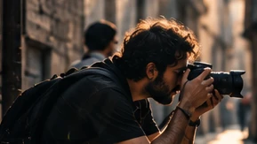 A photographer with a camera in a street lit by the setting sun