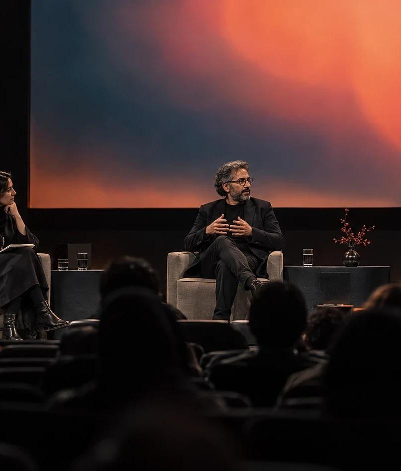Three speakers on a panel stage with a lit projection screen behind them