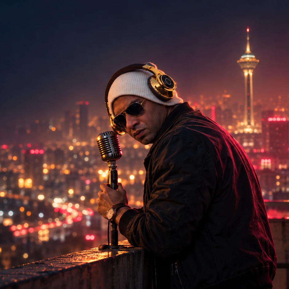 A musician with gold headphones singing into a vintage microphone on a Tehran rooftop at night, the Milad Tower behind him