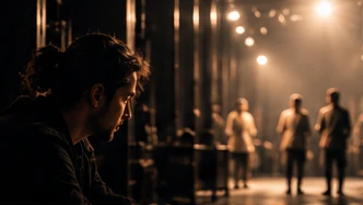 An actor waiting in the wings beside a brightly lit stage