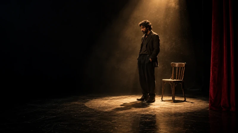 A lone actor in a circle of warm light on a dark theatre stage