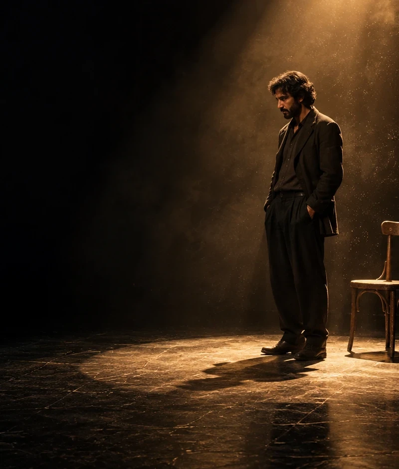 A lone actor in a circle of warm light on a dark theatre stage